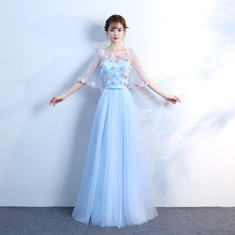 晚礼服春夏蓝色中袖主持人雅合唱伴娘服长款学生毕业礼服