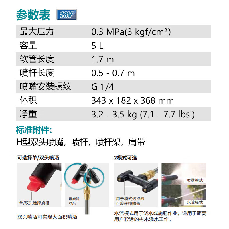 牧田DUS054充电式喷雾器5L 18V5.0Ah两电一充