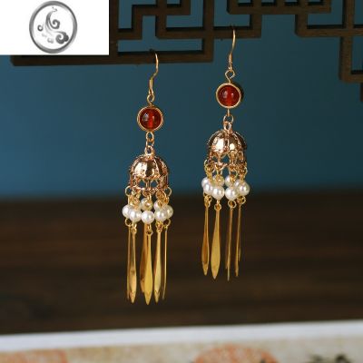 JiMi原创复古手工古风耳环汉服耳夹耳钩S925银耳饰金色红玛瑙流苏耳坠 耳夹耳环