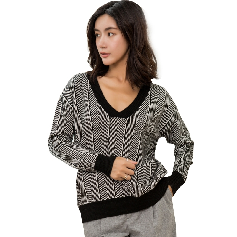 秋冬季新款千鸟格女式羊绒衫v领长袖宽松毛衣韩版打底针织羊毛衫