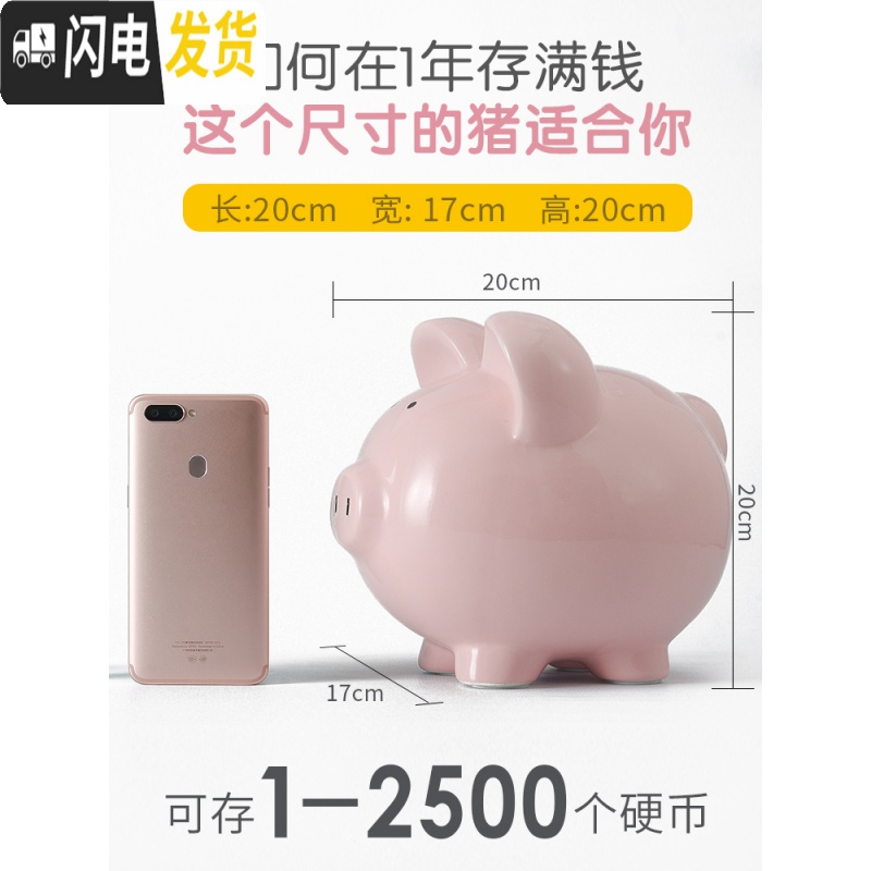 三维工匠网红抖音成人儿童纸币硬币不可取创意小猪大容量陶瓷储蓄罐存钱罐 二号8寸粉红色只进不出高清大图