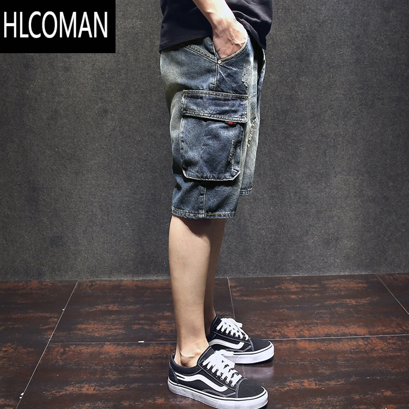 HLCOMAN美式破洞工装牛仔短裤男士夏季薄款广州新塘中裤宽松大码五分裤潮