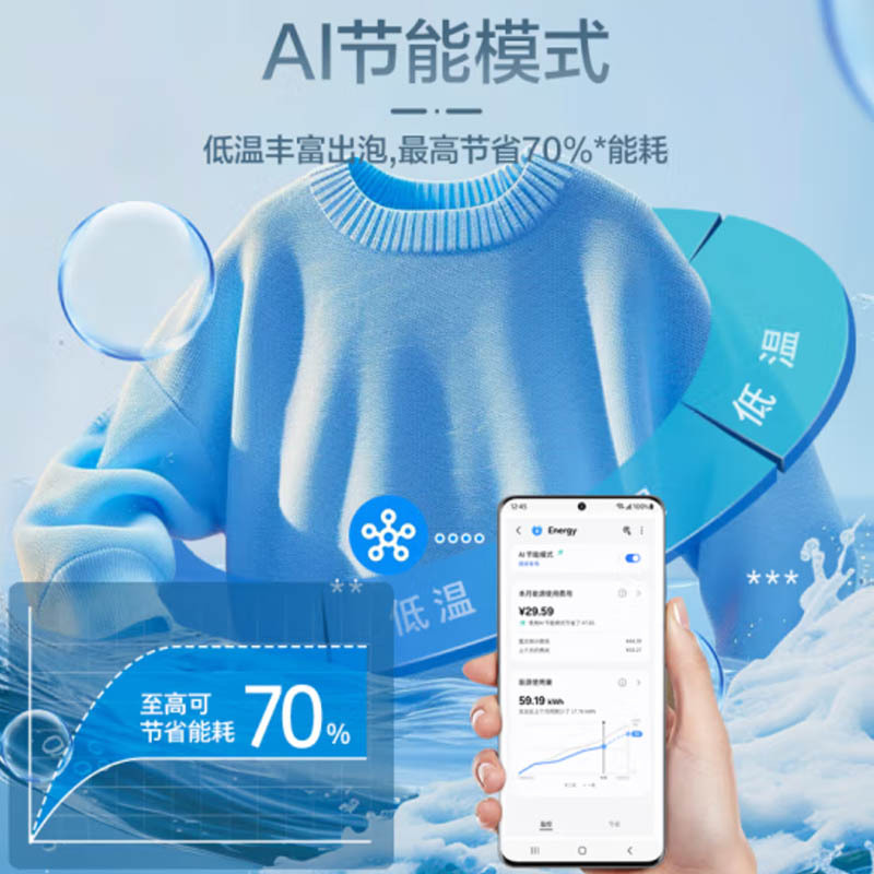 三星(SAMSUNG)滚筒洗衣机 全自动洗烘一体机AI神超薄 12公斤蒸汽除菌洗衣机WD12DG5B14BWSC 月光白