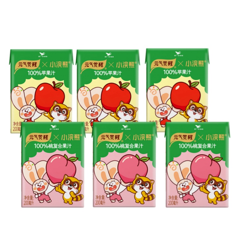 小浣熊联名】统一元气觉醒100%桃味苹果味便携装200ml*6盒混合果汁饮料