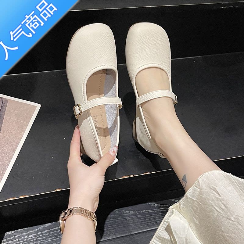 SUNTEK软底小白鞋女温柔风奶奶鞋春秋新款小皮鞋粗跟浅口玛丽珍单鞋图片