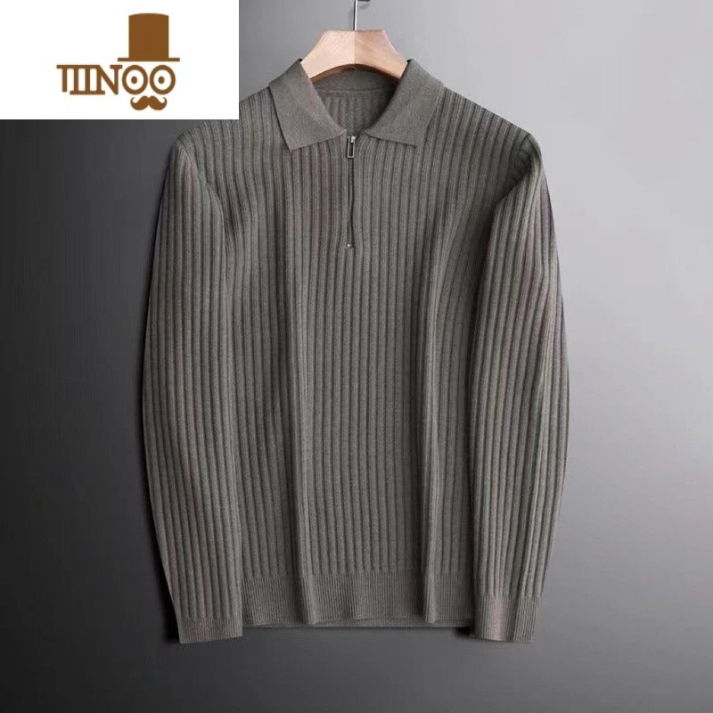 YANXU翻领针织polo衫保暖坑条毛衣男士轻奢商务半拉链针织衫上衣潮高清大图