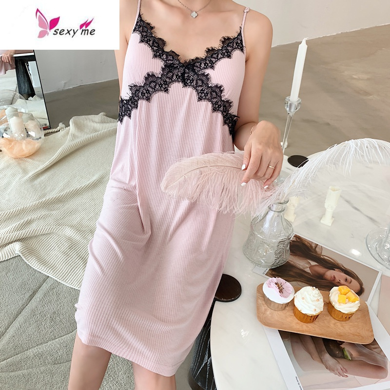 莫代尔棉带胸垫吊带睡裙女夏薄款宽松性感睡衣蕾丝甜美夏季睡裙fish