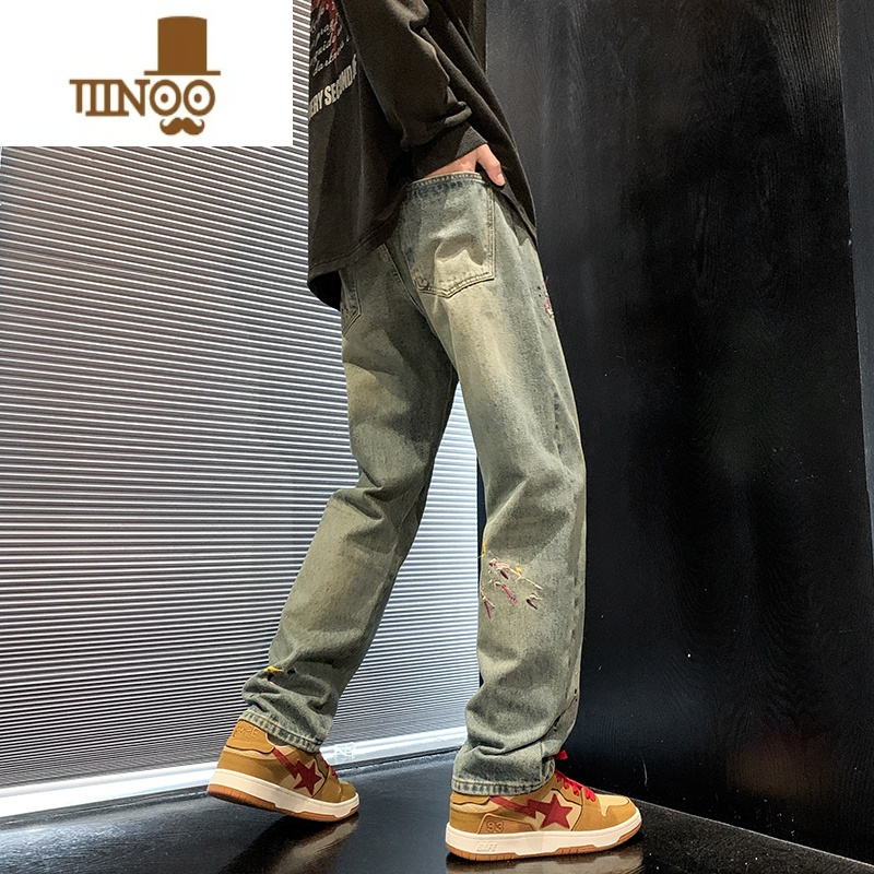 YANXU美式高街泼墨刺绣牛仔裤男vibe潮牌水洗做旧直筒宽松长裤子hiphop