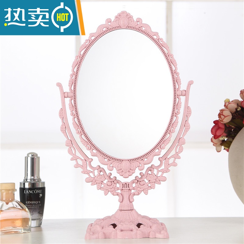 敬平台式化妆镜子 欧式镜子 双面梳妆镜 大号镜子 便携公主镜 新款便携式用镜 椭圆形(大号/粉色)高清大图