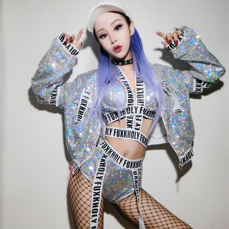 酒吧ds演出服新款嘻哈亮片夜店领舞服性感dj女歌手舞台服装套装银色渐变外套均码