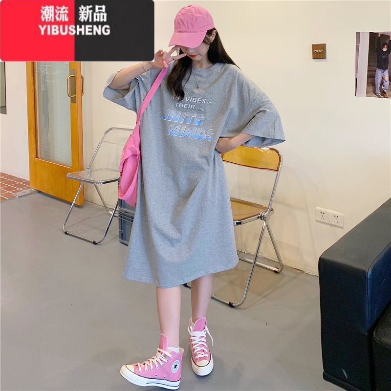 YIBUSHENG胖mm大码t恤睡衣女短袖季薄款宽松长款季200斤过膝连衣裙 灰色 XL建议135-155斤