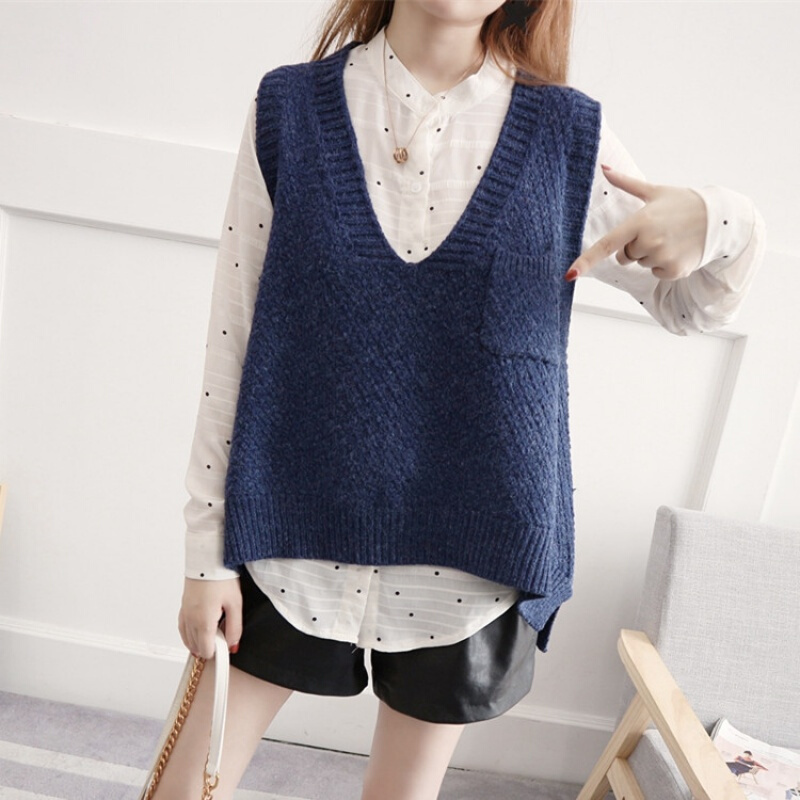 春秋韩版v领坎肩毛衣女无袖马甲短款口袋背心宽松大码针织衫外搭深