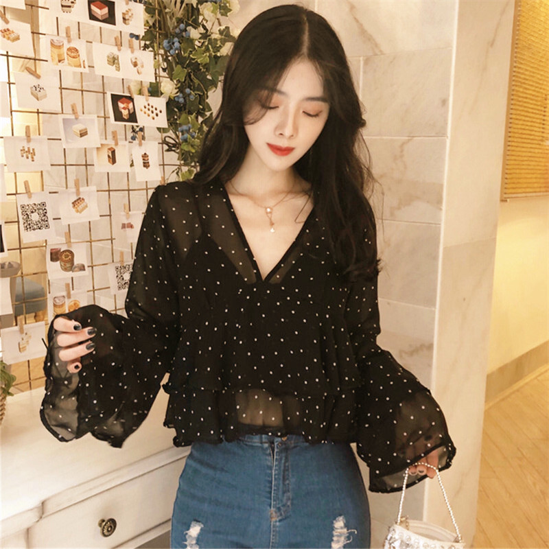 雪纺上衣女夏季防晒宽松小衫短款波点衬衫长袖超仙罩衫甜美打底薄