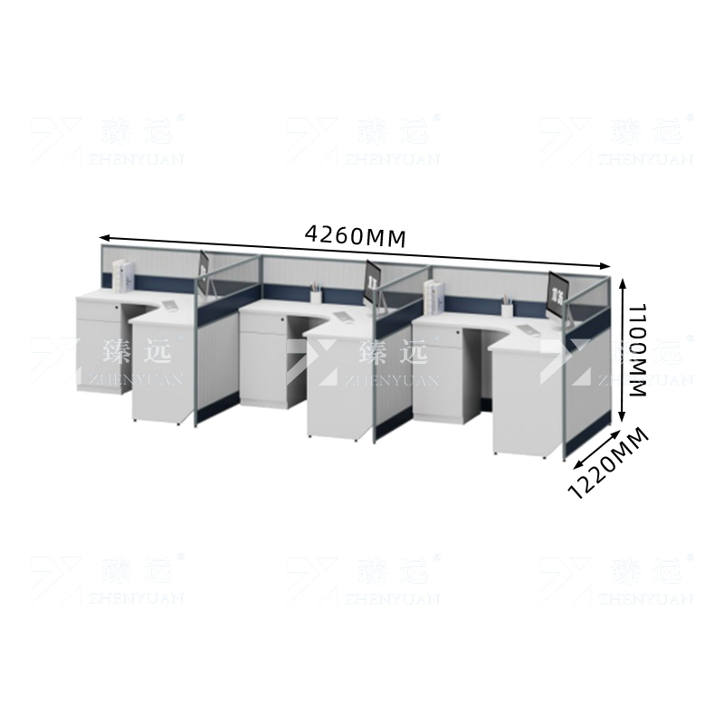 臻远ZYGW-034 屏风工作卡位职员桌办公桌F型三人位高清大图