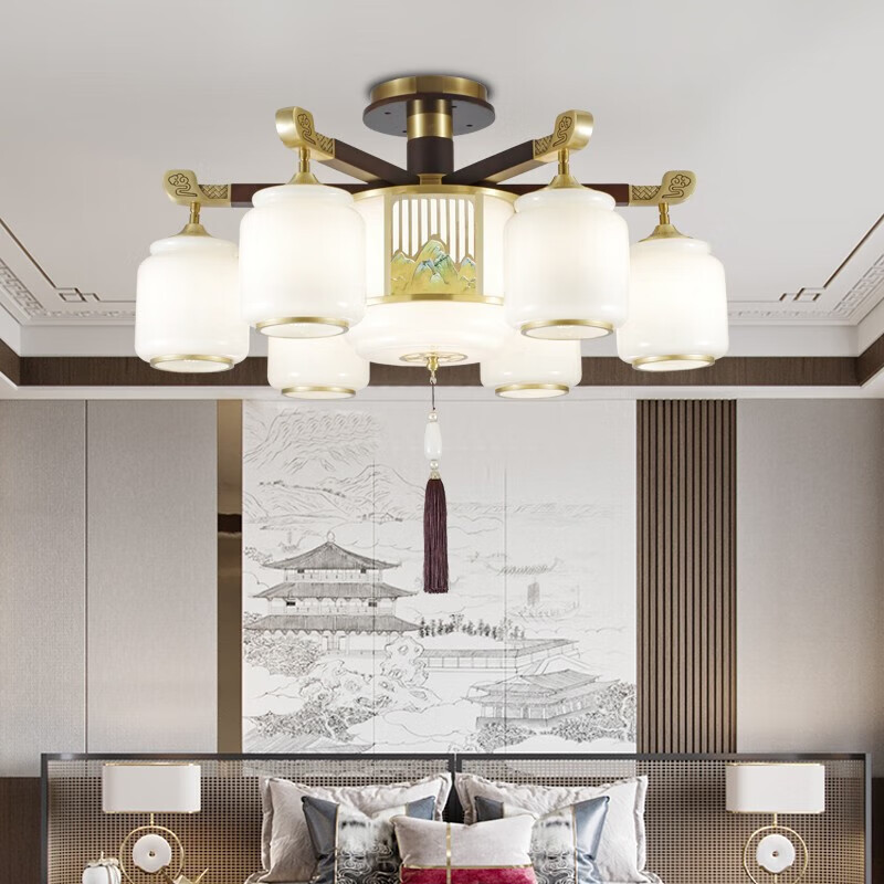 澳松别墅客厅复式楼大吊灯中空楼梯新中式红木全铜酒店餐厅灯罩朝下灯