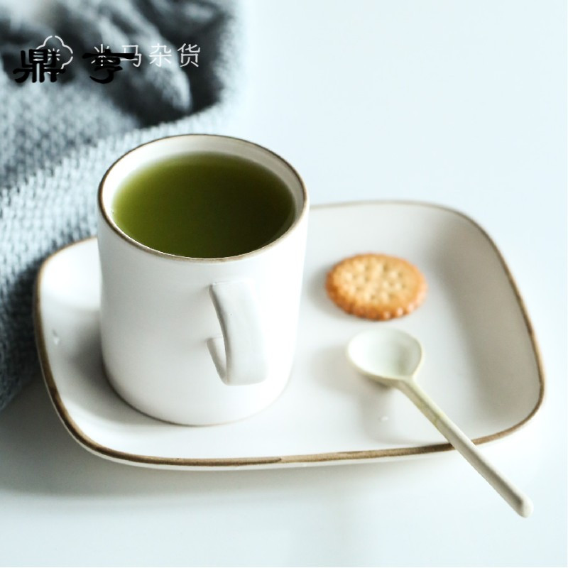 鼎亨米马杂货 带托盘的粗陶奶茶咖啡杯 带搅拌勺
