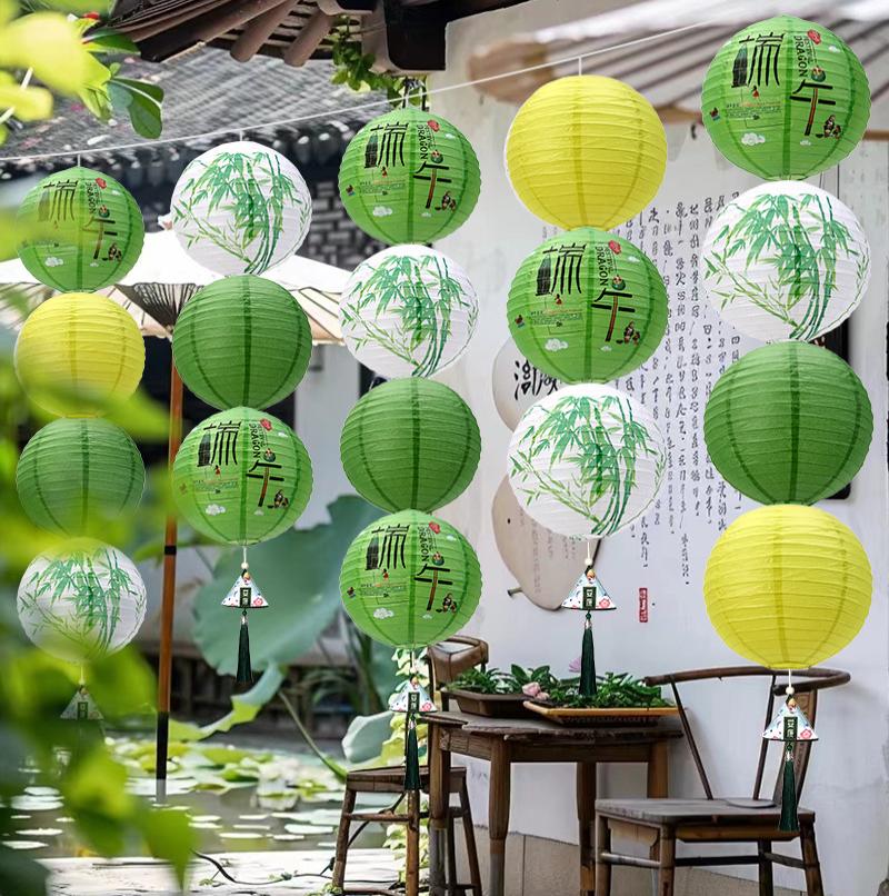 端午春天绿色装饰橱窗茶馆场景布置装饰纸灯笼中式国古风吊灯-端午四球灯笼套餐1高清大图