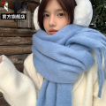 啄木鸟2025新款碎冰蓝纯色围巾女秋冬季氛围感防寒马海毛围脖披5