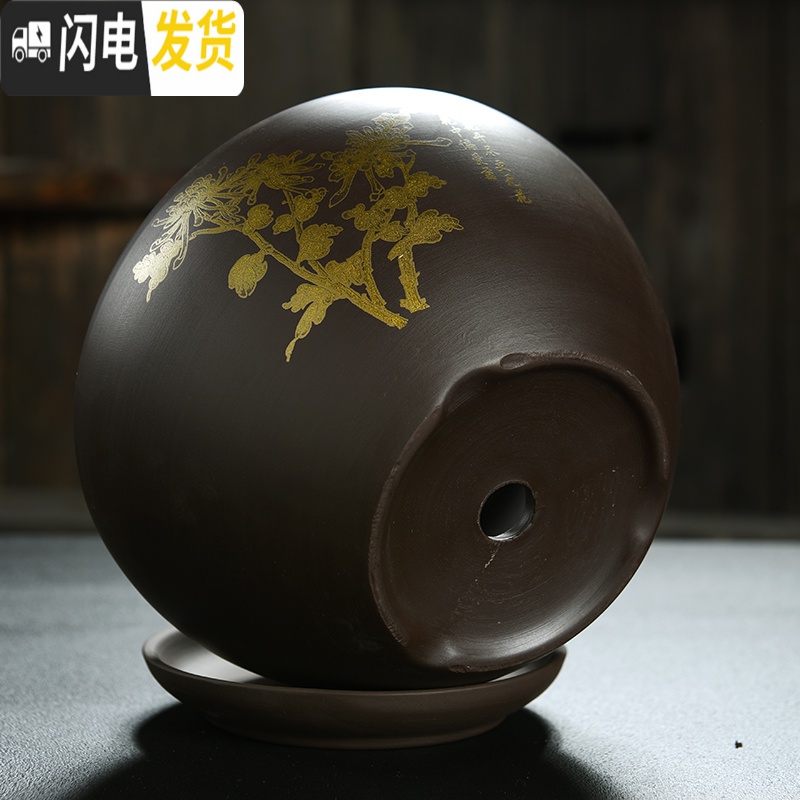 三维工匠紫砂花盆陶瓷大号特大带托盘绿萝盆景家用兰花多肉小花盆 DS紫砂苹果-紫砂单个 中等花盆容器高清大图