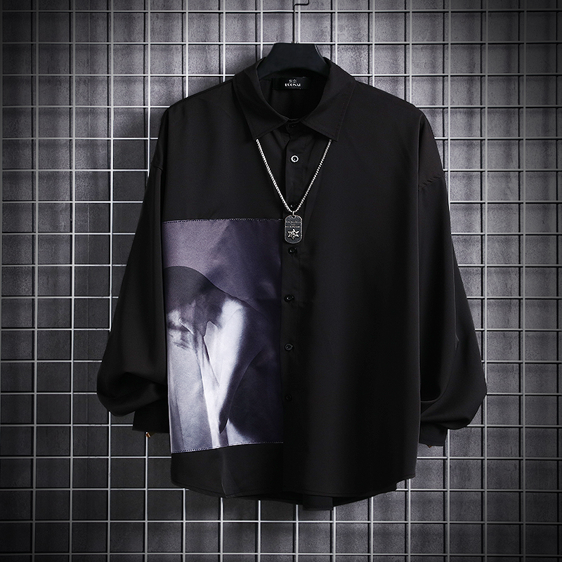 baluoshang春秋季新款潮牌白黑衬衫男韩版潮流休闲长袖衣服男士工装