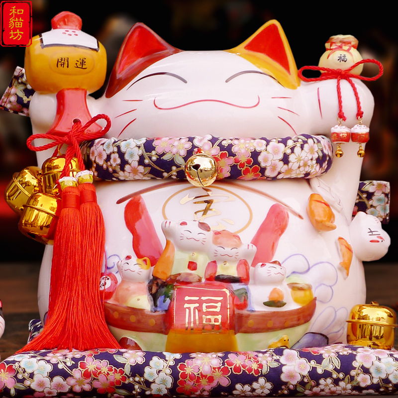 日式正版猫摆件店铺开业礼品特大号摇手陶瓷存钱罐家居装饰品 三维工匠 日式和风-事业兴旺(蓝)进口配饰猫