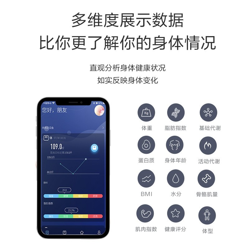 香山智能体脂秤家用电子称健康称可充电精准运动减肥测脂轻智