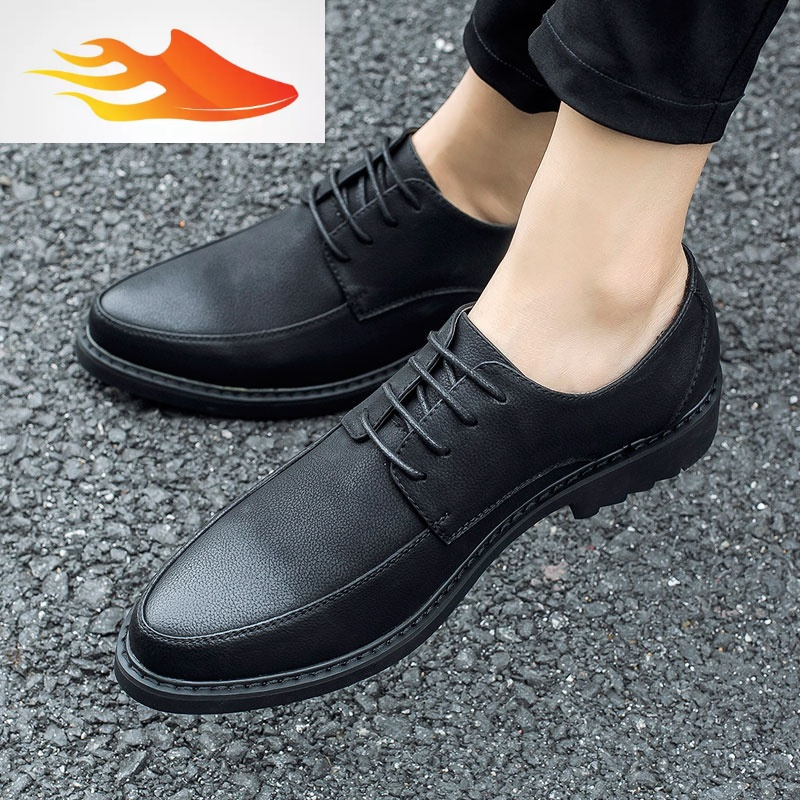 fishbasket冬季男鞋尖头韩版小皮鞋内增高型师软面英伦休闲鞋黑色商务