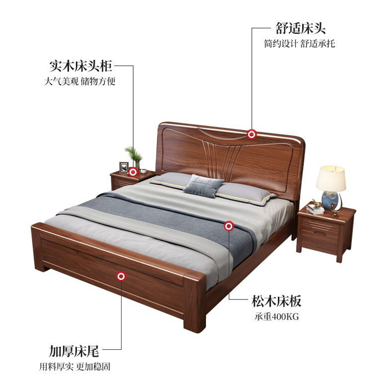 实木床双人床新中式1.5米1.8米双人床简约经济型现代家具主卧室储物高清大图