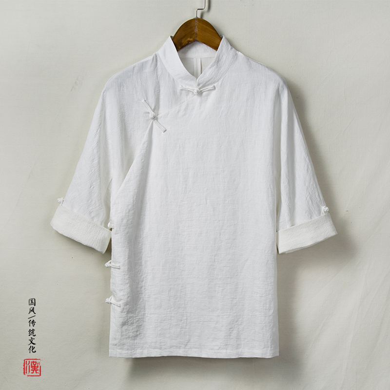 夏季亚麻布禅修茶服中式棉麻唐装改良汉服中国风男装斜襟短袖上衣