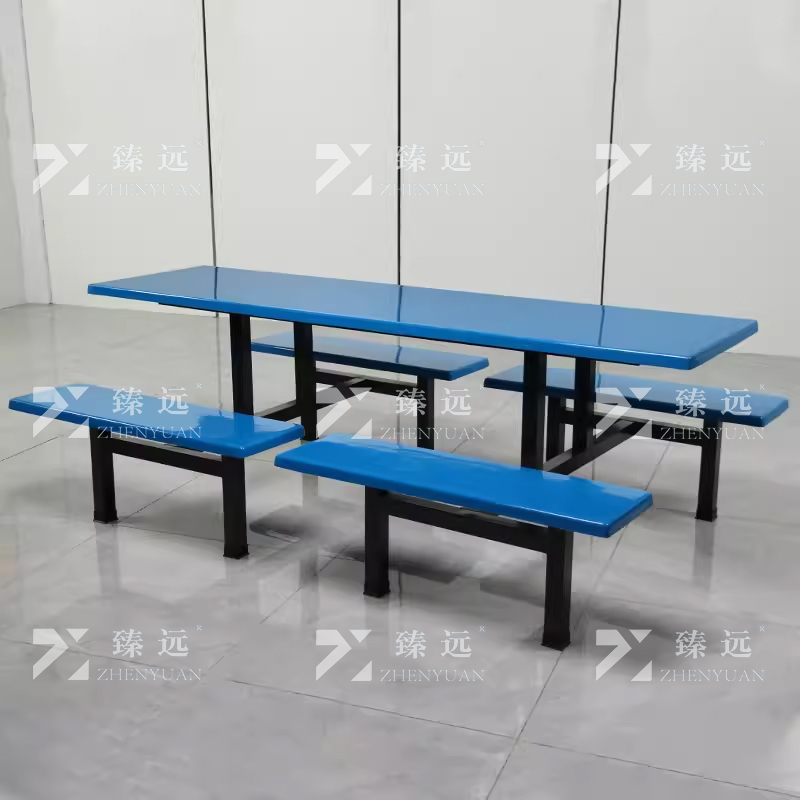 臻远 ZY4040855 玻璃钢连体餐桌椅组合8人位钢架条凳款高清大图