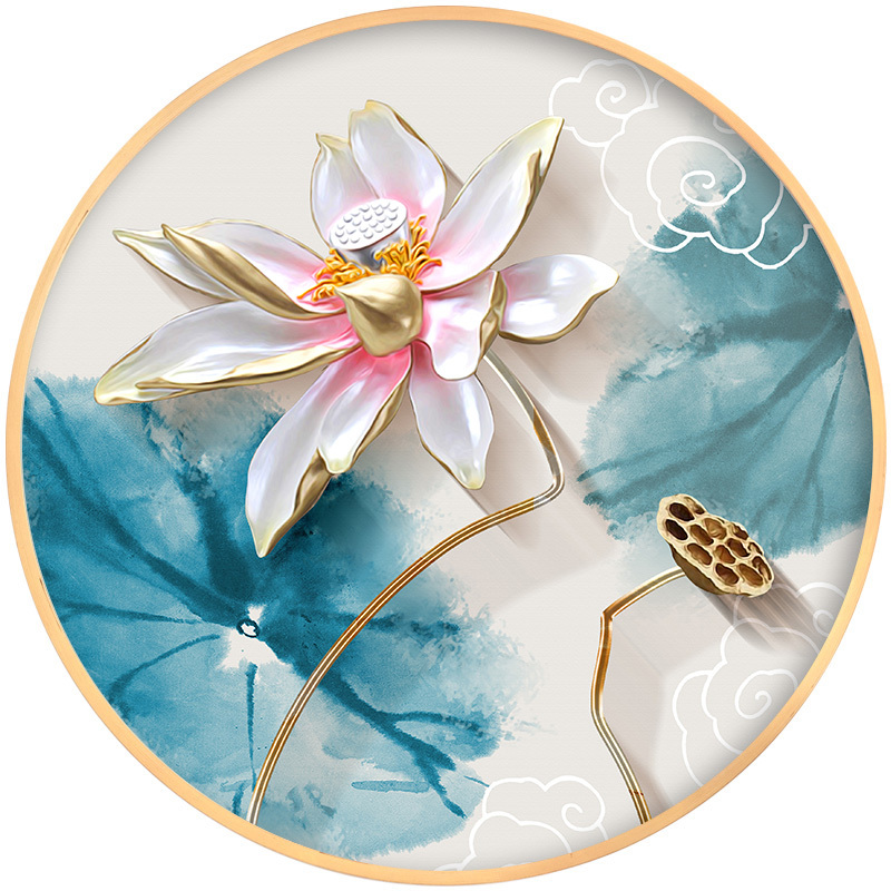 新中式水墨浮荷花禅意创意圆形实木装饰画现代墙壁贴纸