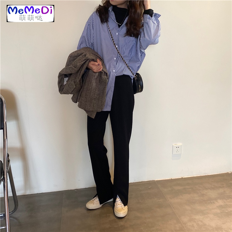 2020秋季新款设计感众款竖条纹Polo领长袖宽松中长款衬衫外套女