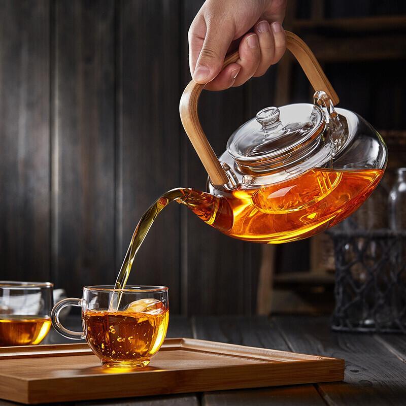 玻璃茶壶水壶提梁壶竹把耐高温加厚泡茶壶普洱黑茶煮茶壶 1壶+4杯+茶盘