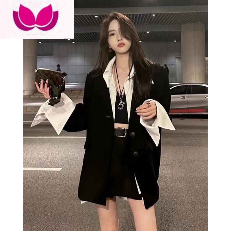 七斓欧货潮牌职业套装女春高级感韩版拼接西装外套高腰休闲裤裙套高清大图