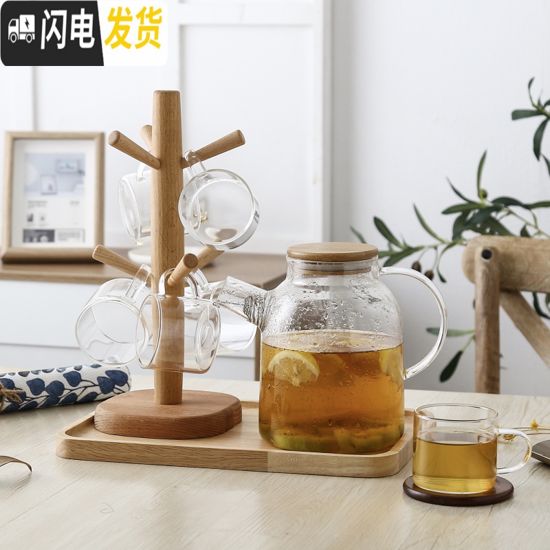 三维工匠玻璃冷水壶套装欧式可高温凉水壶杯子家用大容量凉白开热水壶防爆 透明F6杯1架高清大图