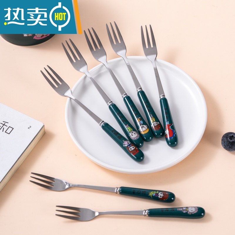 敬平家庭亲子水果叉甜品叉儿童安全小叉子轻奢水果签果插收纳罐套装家 绿色水果叉3支装 图案选好备注高清大图