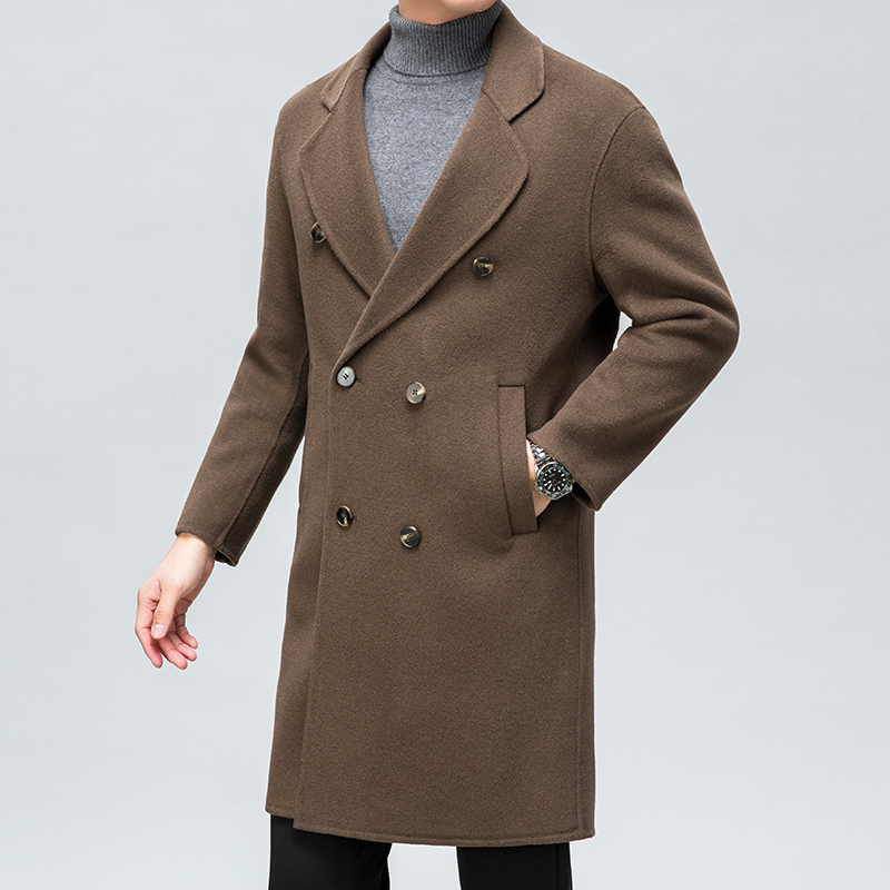 呢子外套男双排扣秋冬新款西装领双面呢羊绒大衣男士中长款休闲纯羊毛