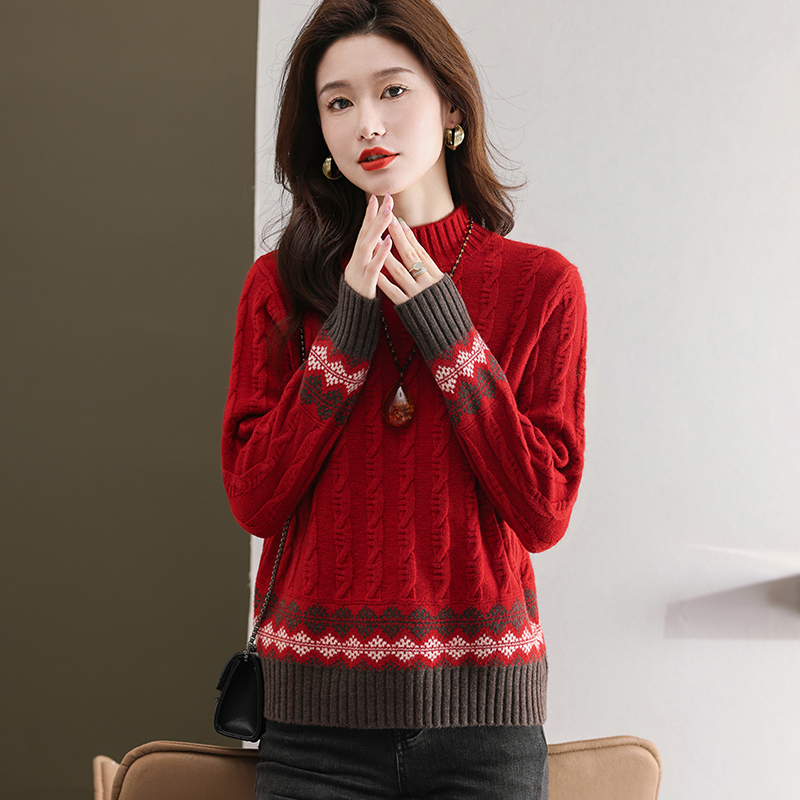 免费试穿 牧绒多斯半高领羊绒衫女宽松拼接印花潮流加厚毛衣羊毛衫