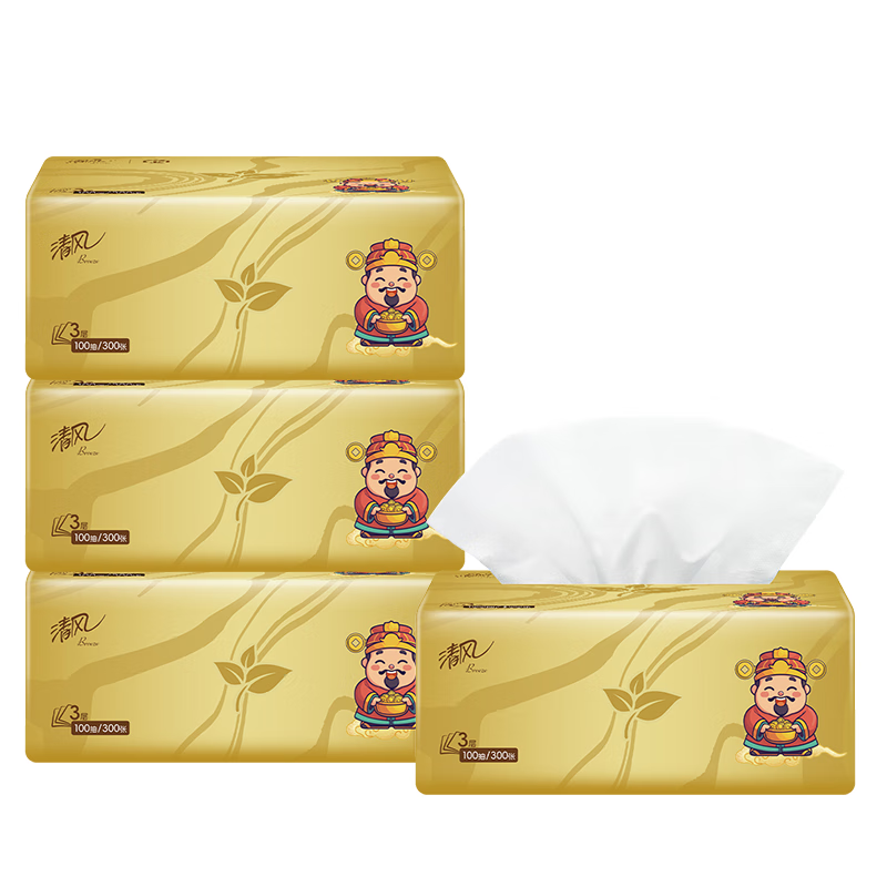 清风 财神系列抽纸3层100抽4包