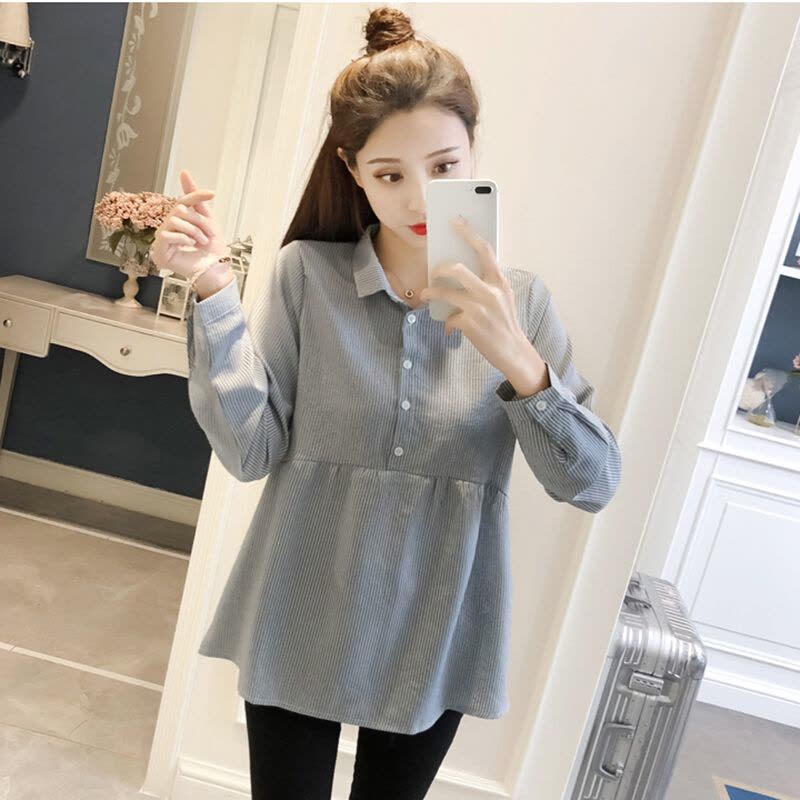 迪鲁奥(DILUAO)孕妇装套装时尚款2021新款秋装孕妇衬衫外出潮妈娃娃衫上衣两件套图片