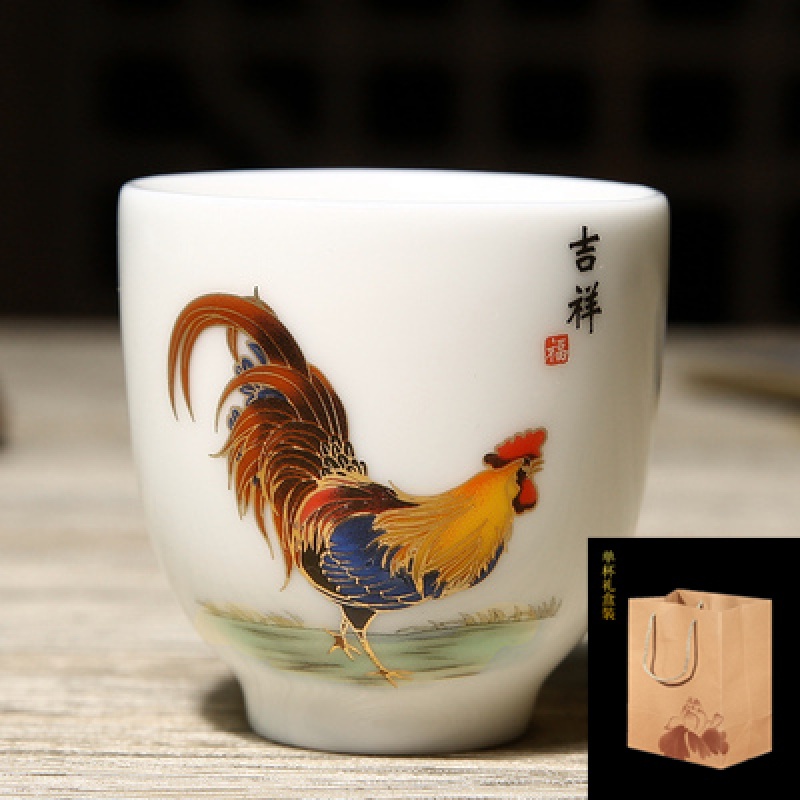德化羊脂玉主人杯单杯茶杯功夫茶具鸡缸杯茶盏陶瓷品茗杯单个大号 三维工匠 吉星高照吉祥杯单个礼盒装高清大图