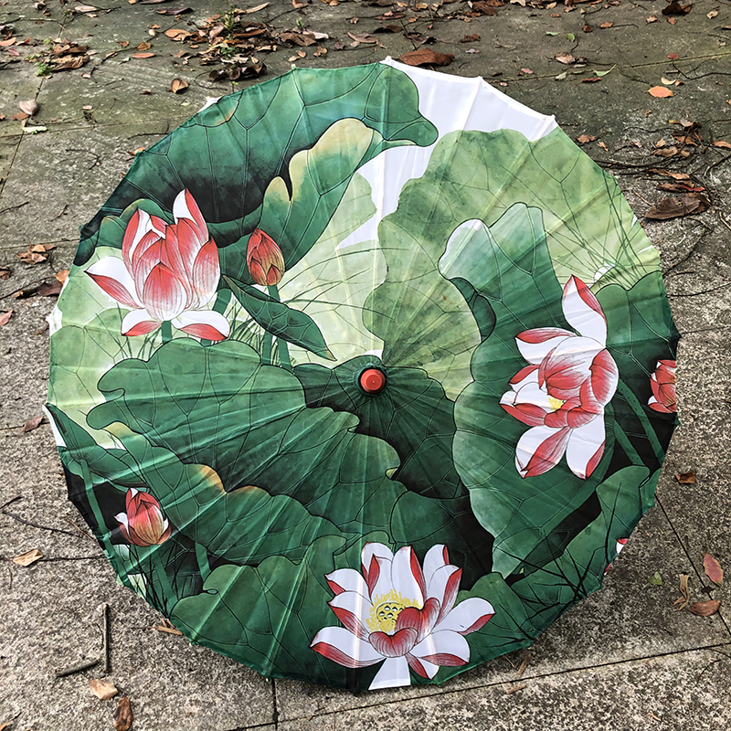 走秀伞装饰伞吊顶伞绸布伞翠绿色绿荷花82cm防小雨加中国结布袋半穿