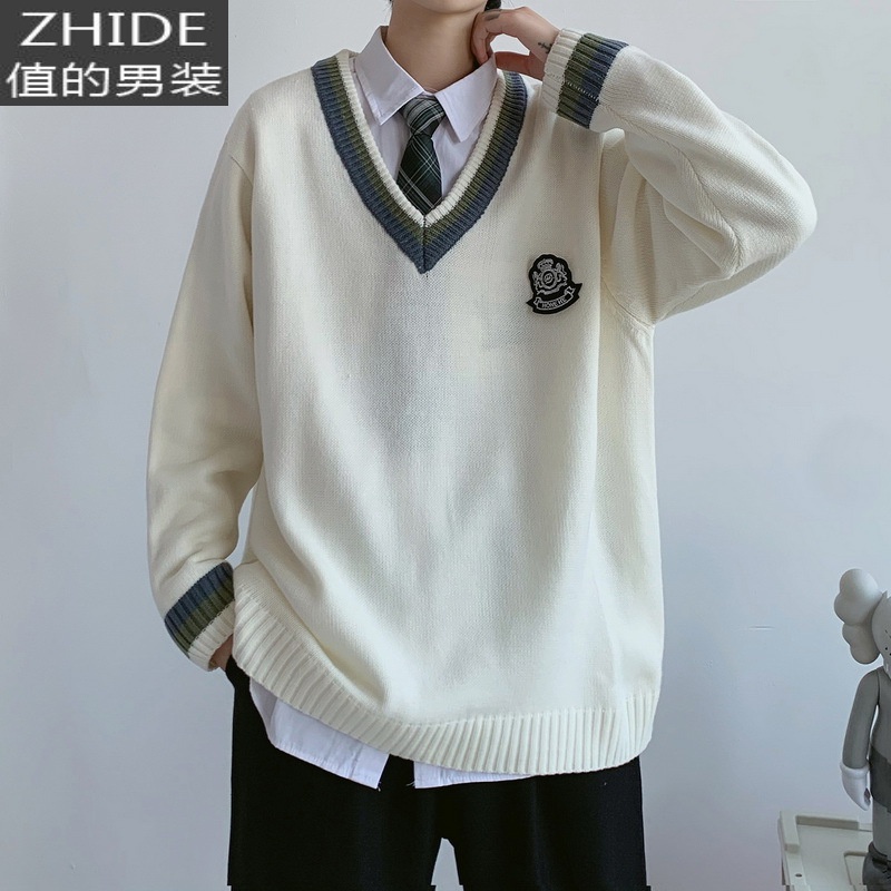 炸街温柔系穿搭dk制服jk毛衣背心男秋季叠穿v领套头学院风针织衫 MY2076-白色 M