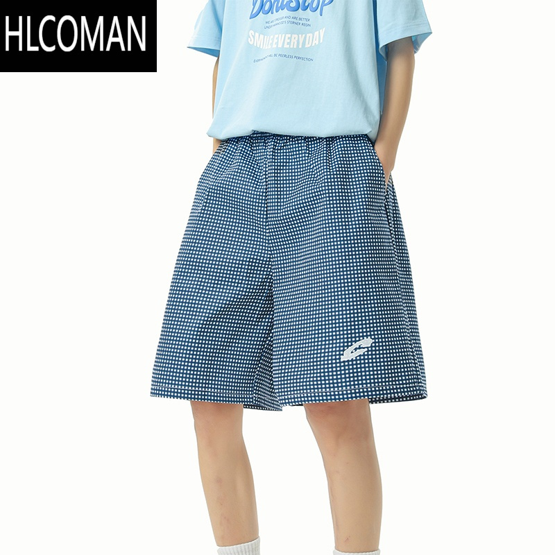 HLCOMAN美式刺绣格子短裤男女夏季新款宽松休闲速干五分裤薄款阔腿沙滩裤