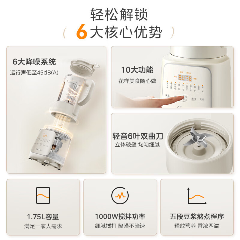 美的(Midea)破壁机MJ-PB10S36家用无罩安睡1.75L豆浆机多功能全自动免煮降噪轻音大容量榨汁机料理机