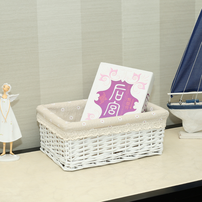 家柏饰(CORATED)收纳筐藤编储物盒编织筐桌面杂物篮居收纳盒布艺柳编收纳篮子 白色筐雪花布里大号【36*26*14】