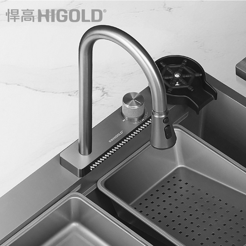 悍高厨房水槽龙头980198.AN4.0系列.雨幕下拉式厨房龙头.枪灰色.台上安装