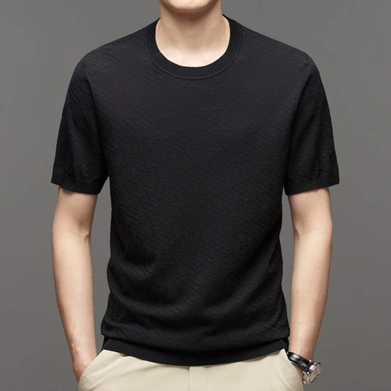 夏季桑蚕丝短袖t恤男圆领纯色冰丝潮流丝光棉男装半袖针织体恤衫