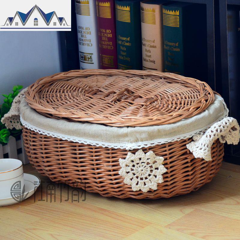 内衣收纳筐藤编田园柳编收纳篮零食收纳盒储物筐野餐篮水果篮花篮 三维工匠 浅黄色+纯麻布里衬（带盖）小号（长30宽25筐高13）