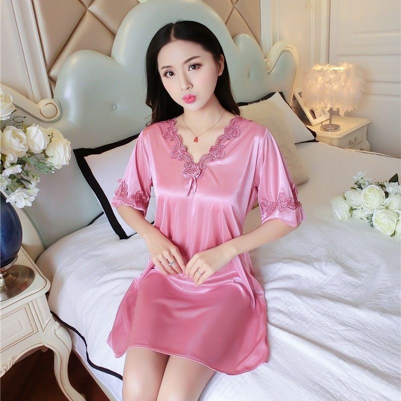 豆沙色329m80100斤时尚睡裙女夏冰丝家居服连衣裙薄款短袖大码丝质